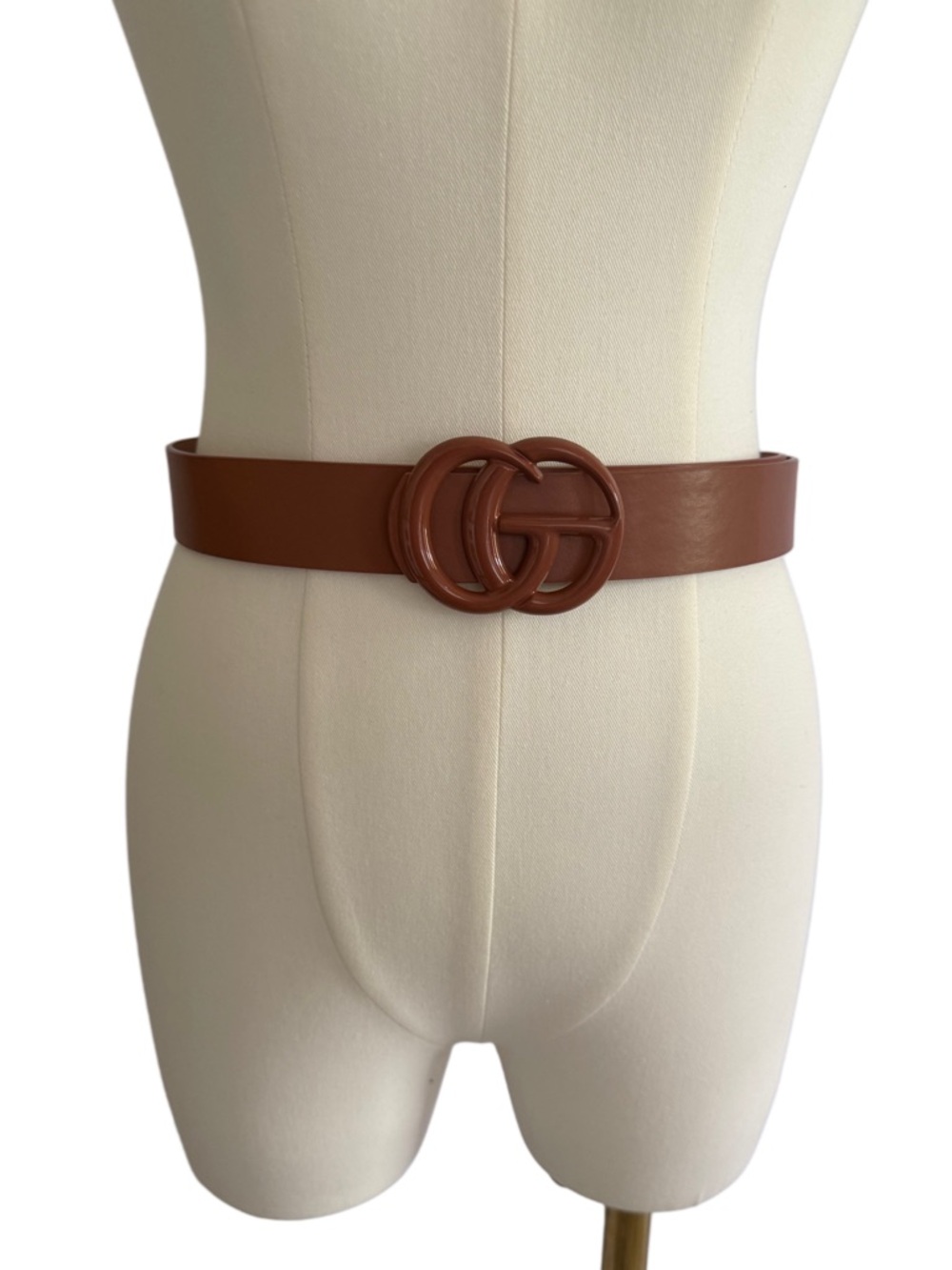 Women's Cognac Double-Ring Statement Buckle Faux Leather Belt Jeans Dresses
